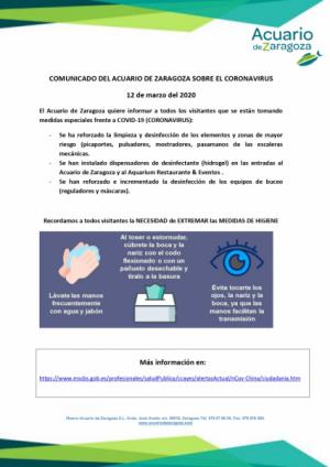 COMUNICADO DEL ACUARIO DE ZARAGOZA SOBRE EL COVID-19 (CORONAVIRUS)